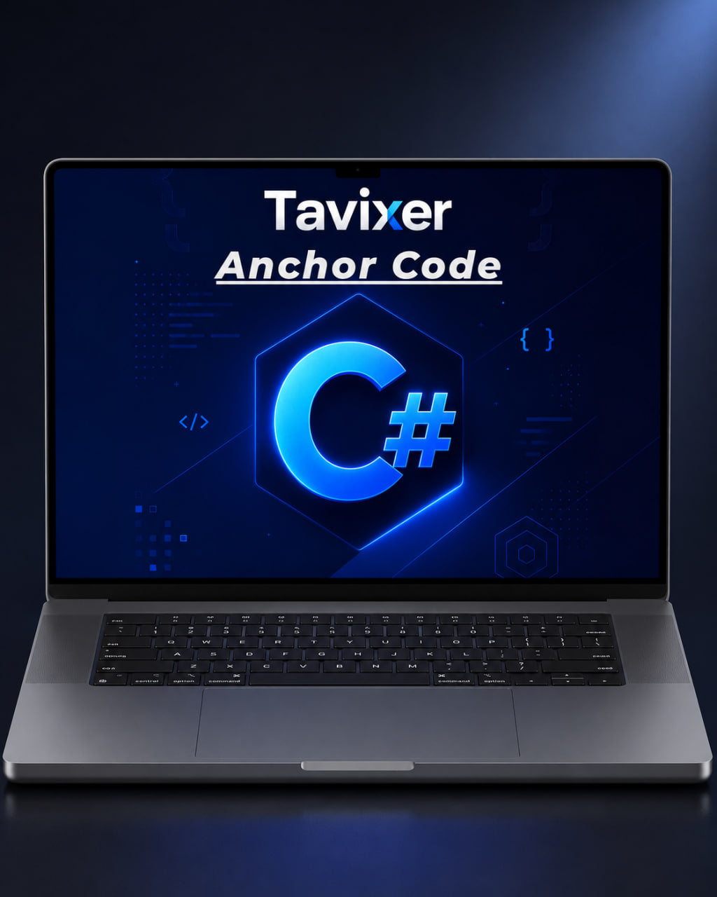Laptop displaying 'Tavixer Anchor Code' with '#C#' on a dark background