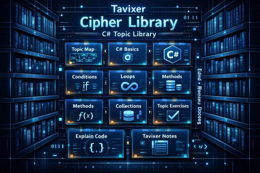 Tavixer Cipher Library with C# topic icons on a digital bookshelf background