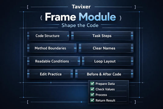 Tavixer Frame Module interface with code structuring features on a dark background