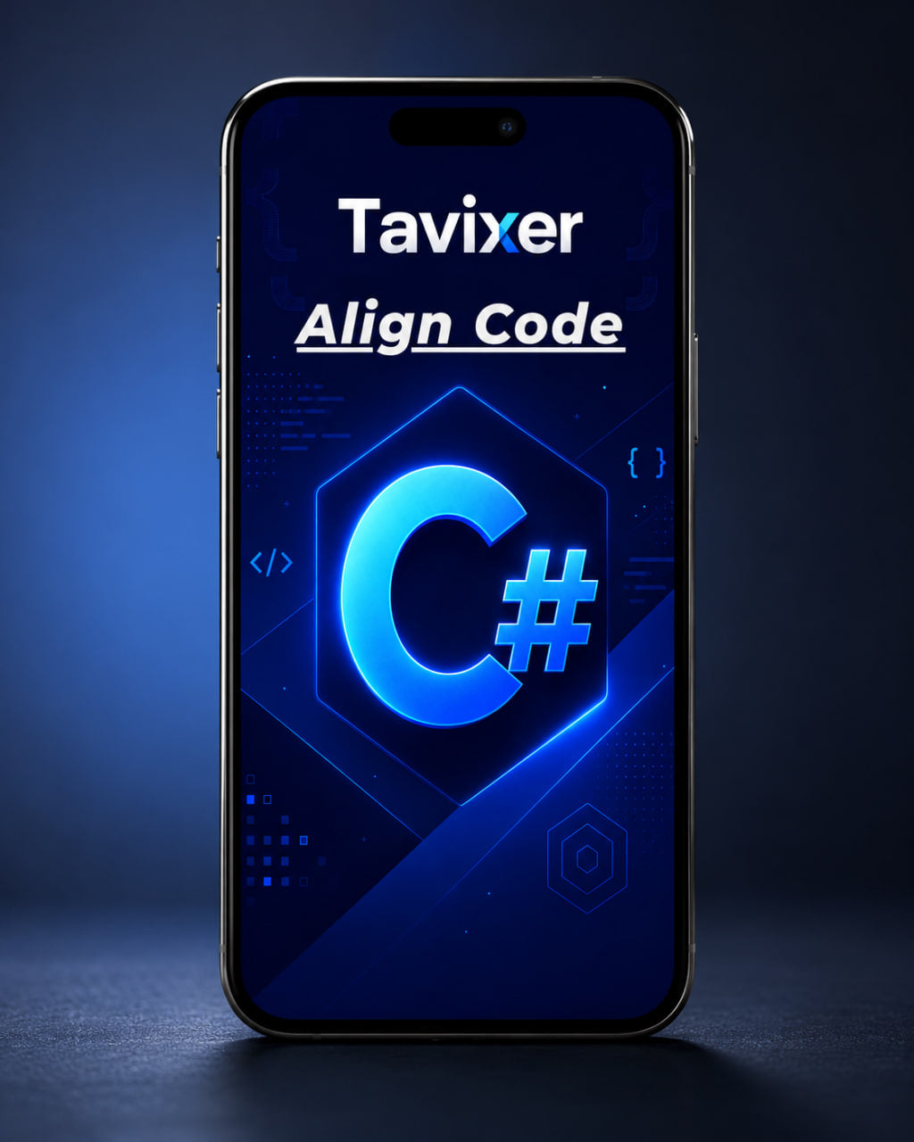 Phone displaying Tavixer Align Code with C# symbol on a dark background