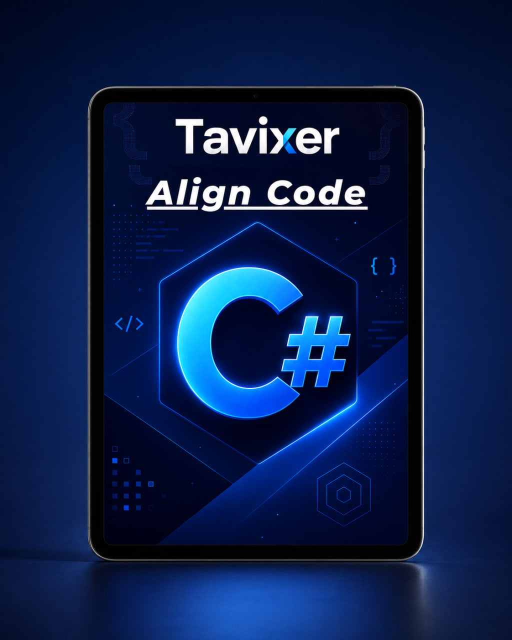 Tablet displaying 'Tavixer Align Code' with 'C#' on a blue background
