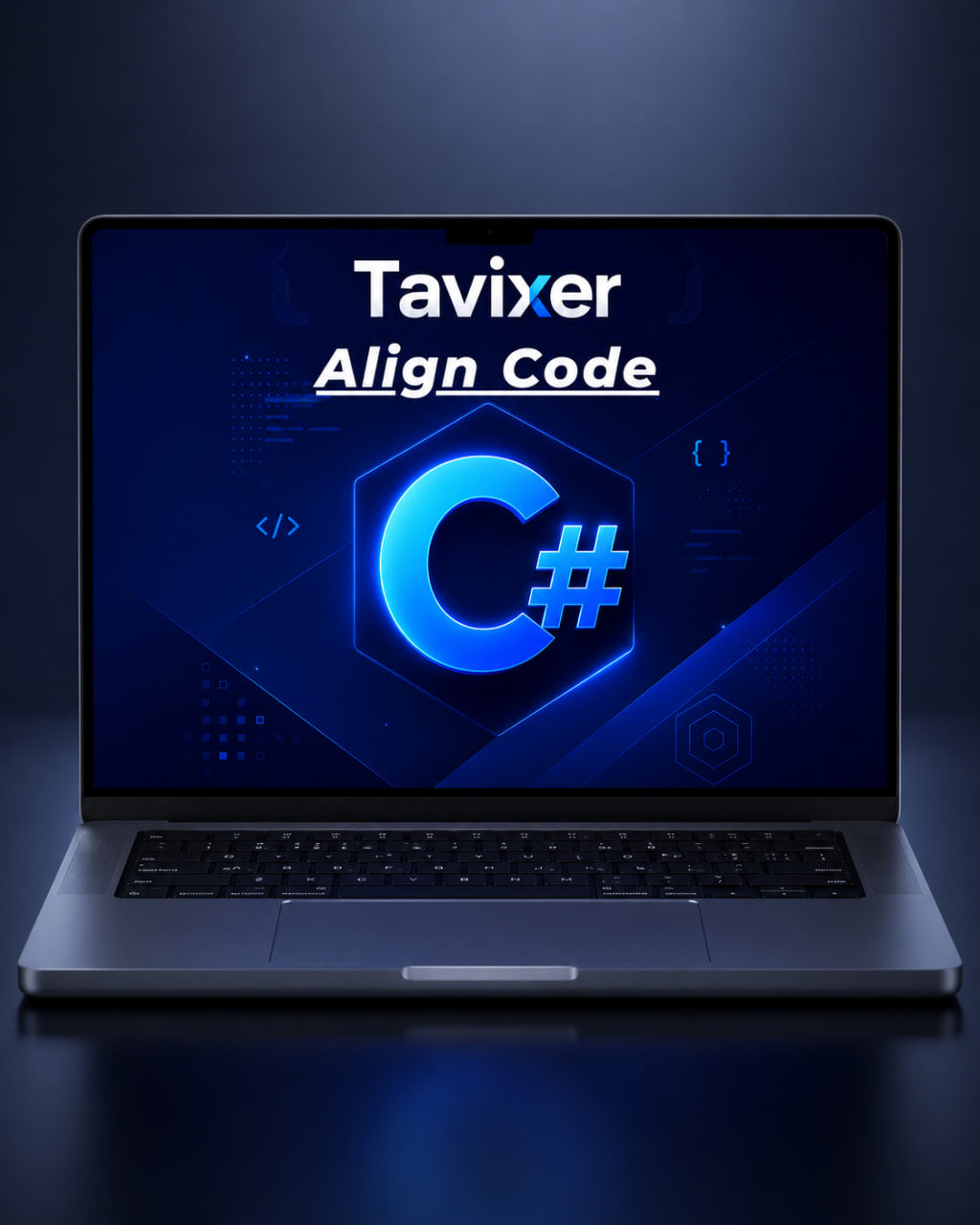 Laptop displaying 'Tavixer Align Code' with '#C#' on a dark background
