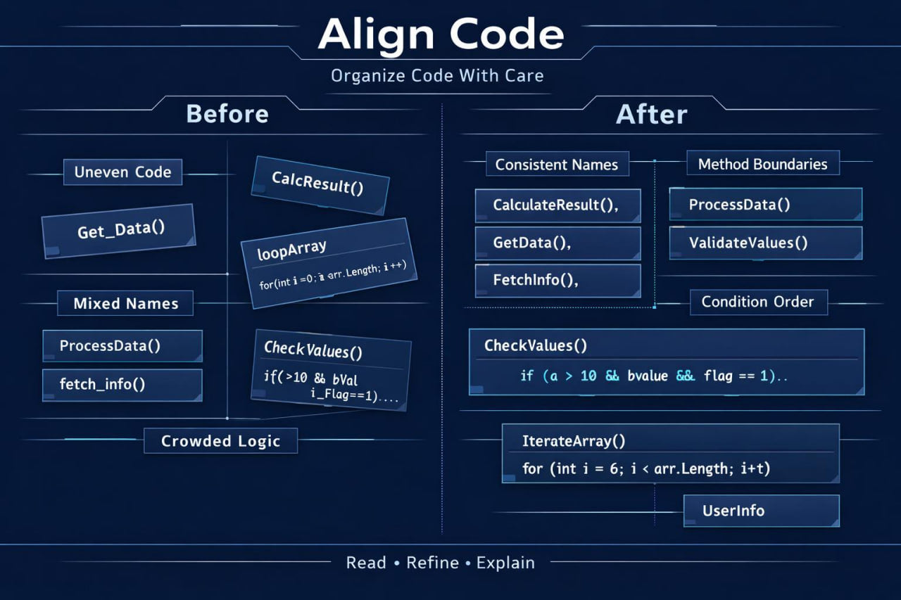 Comparison of code formatting before and after using 'Align Code' tool on a dark background.