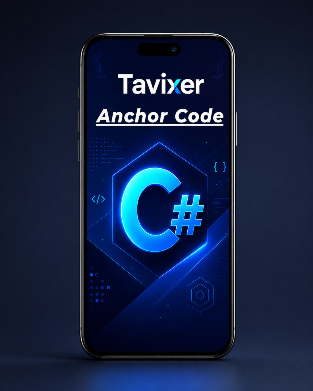 Phone displaying Tavixer Anchor Code with C# symbol on a dark background