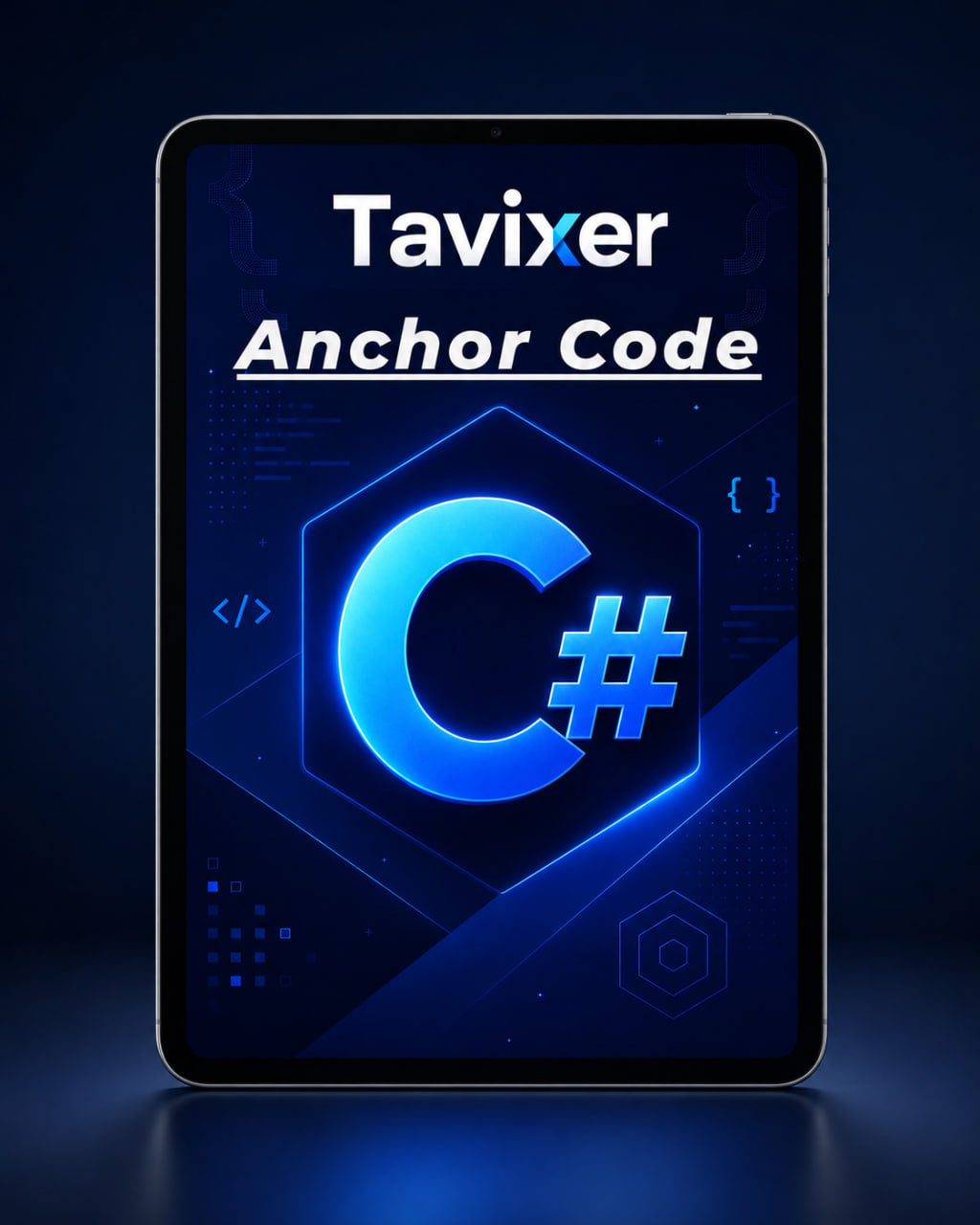 Tablet displaying Tavixer Anchor Code with C# symbol on a dark background