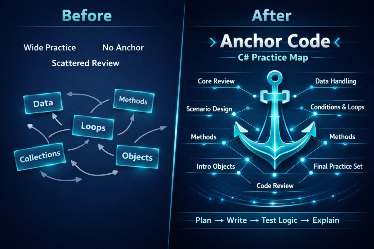 Comparison of a traditional learning approach to an 'Anchor Code' C# practice map on a dark background.