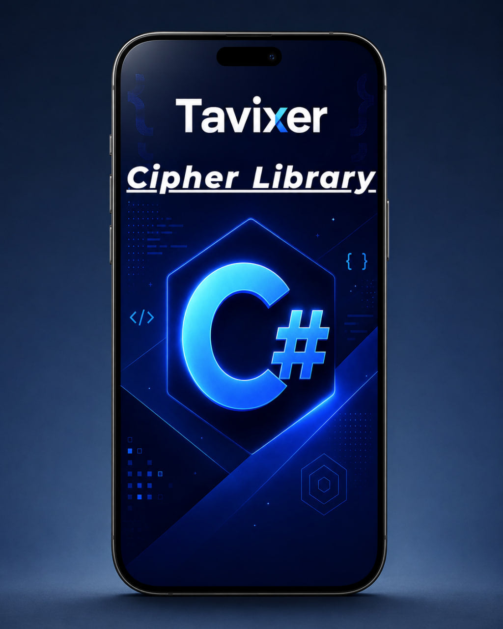 Phone displaying Tavixer Cipher Library with C# logo on a dark blue background