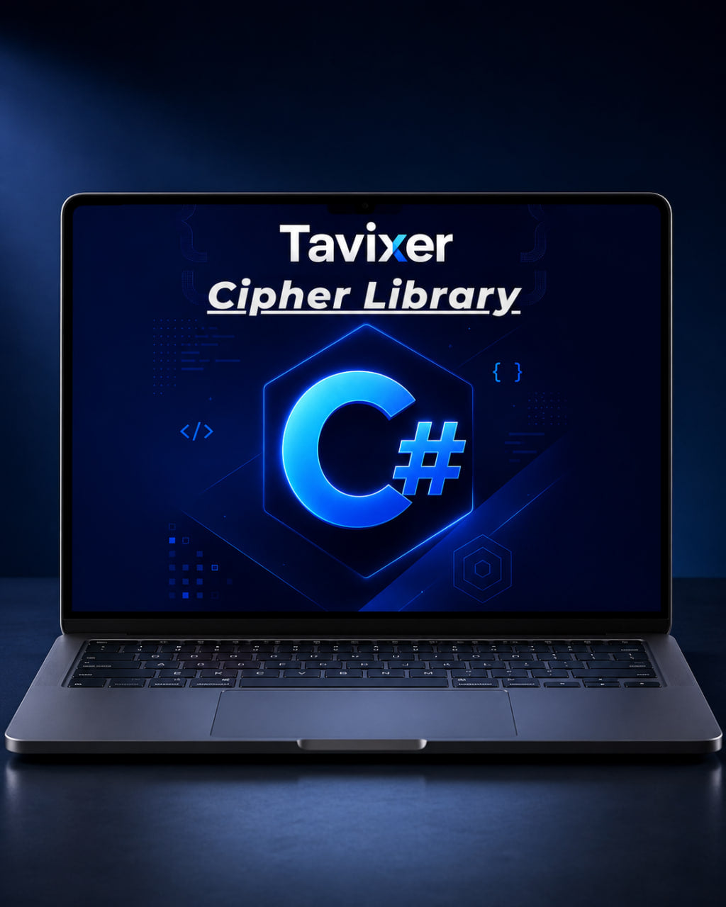 Laptop displaying Tavixer Cipher Library with C# logo on a dark background