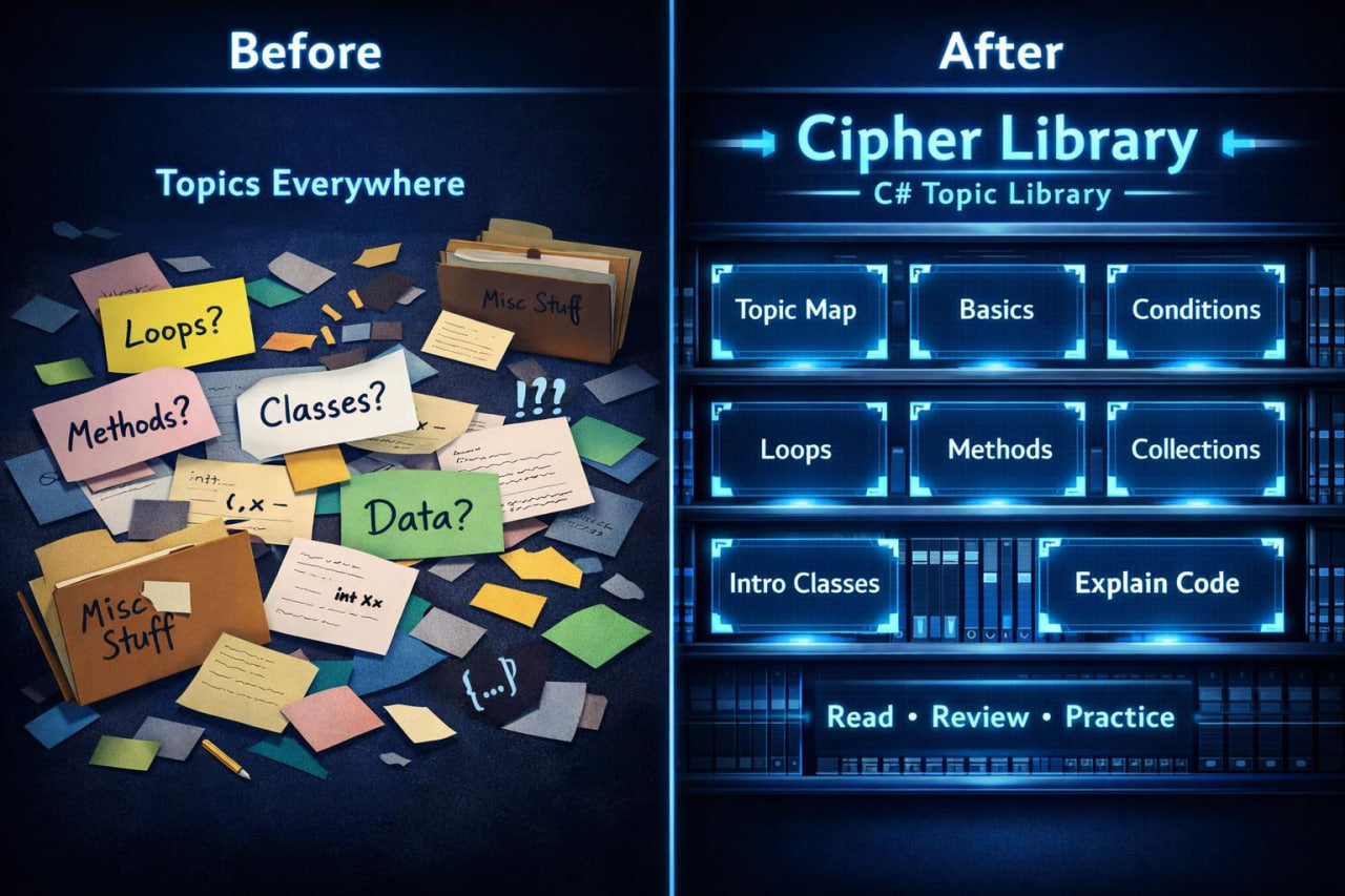 Comparison of 'Before' and 'After' images showing a cluttered topic map on the left and a organized C# topic library on the right.