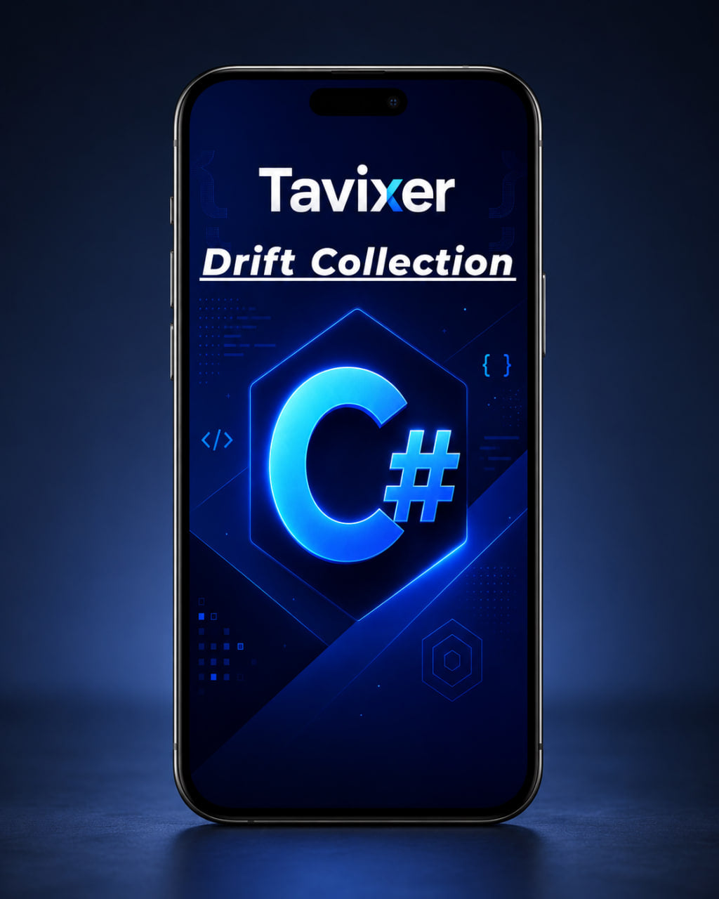 Phone displaying Tavixer Drift Collection with C# logo on a dark blue background