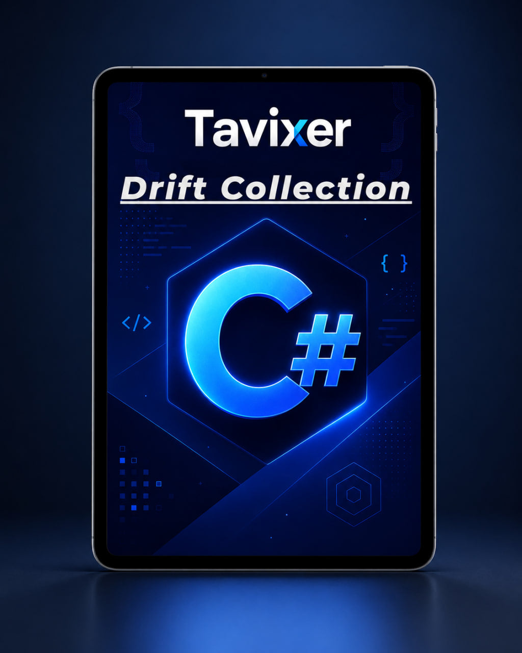 Tablet displaying Tavixer Drift Collection with C# logo on a dark background