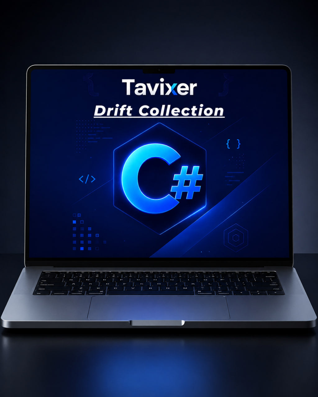 Laptop displaying Tavixer Drift Collection with C# logo on a dark background