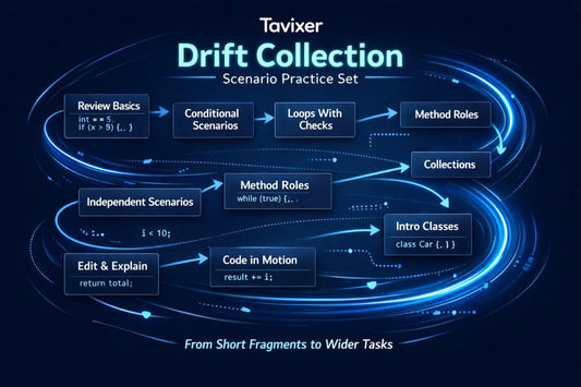 Tavixer Drift Pack C# Path course outline on a dark background with blue text.