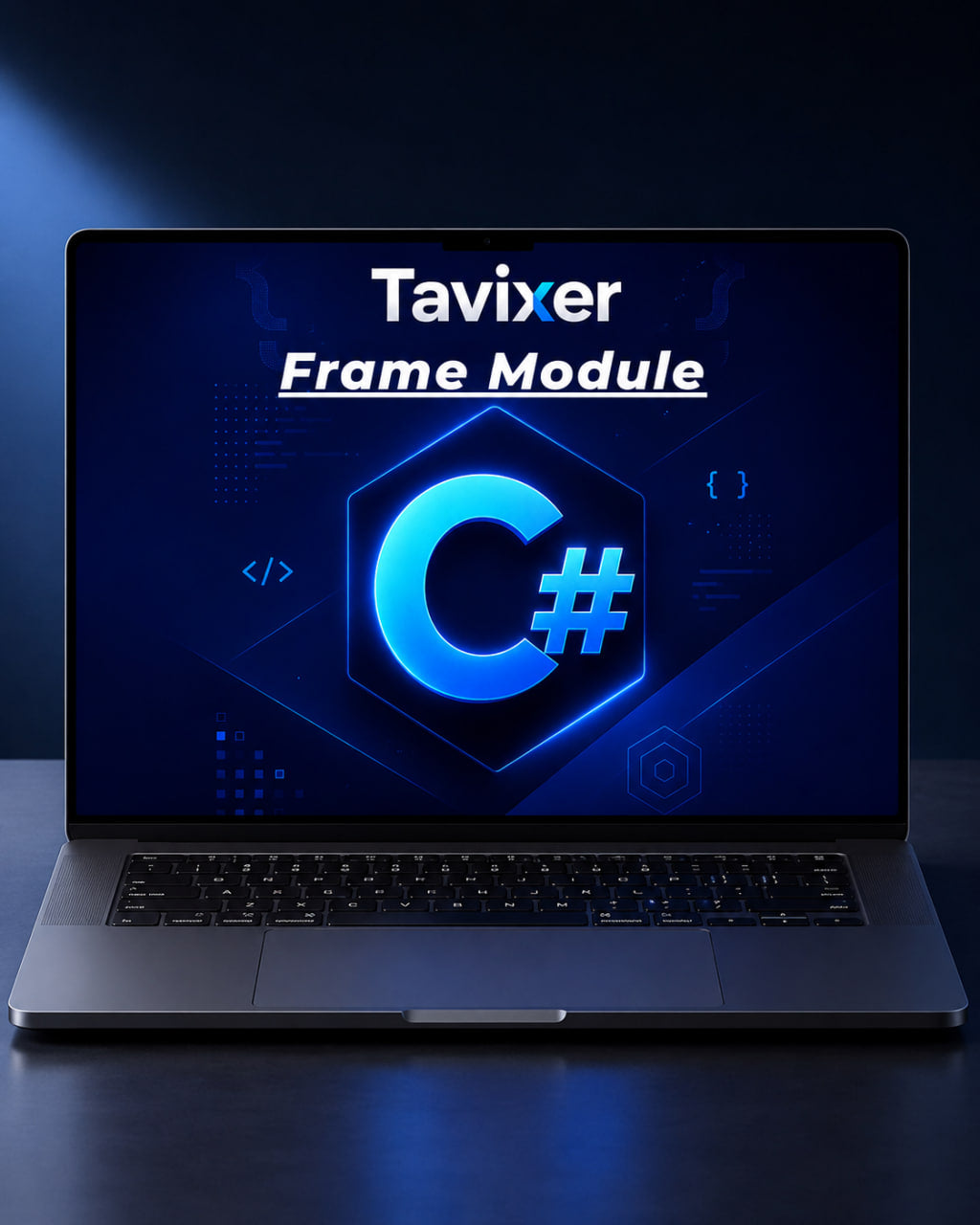 Laptop displaying 'Tavixer Frame Module' with 'C#' symbol on a dark background