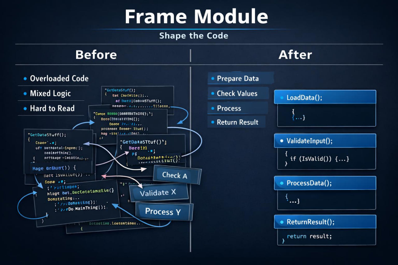 Diagram showing code refactoring before and after using a frame module on a dark background.