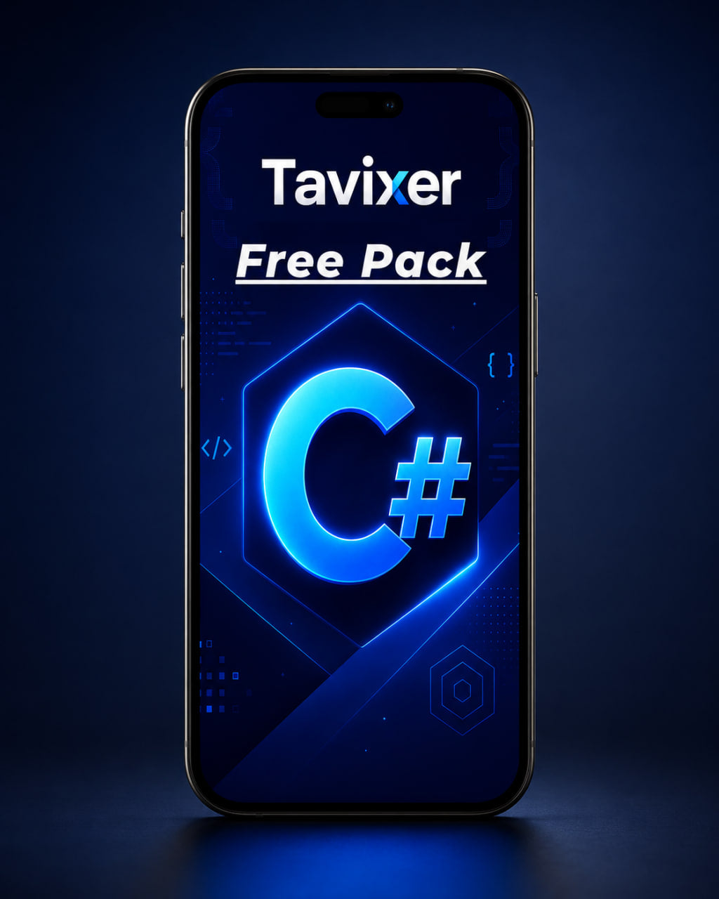 Phone displaying Tavixer Free Pack with C# logo on a dark blue background