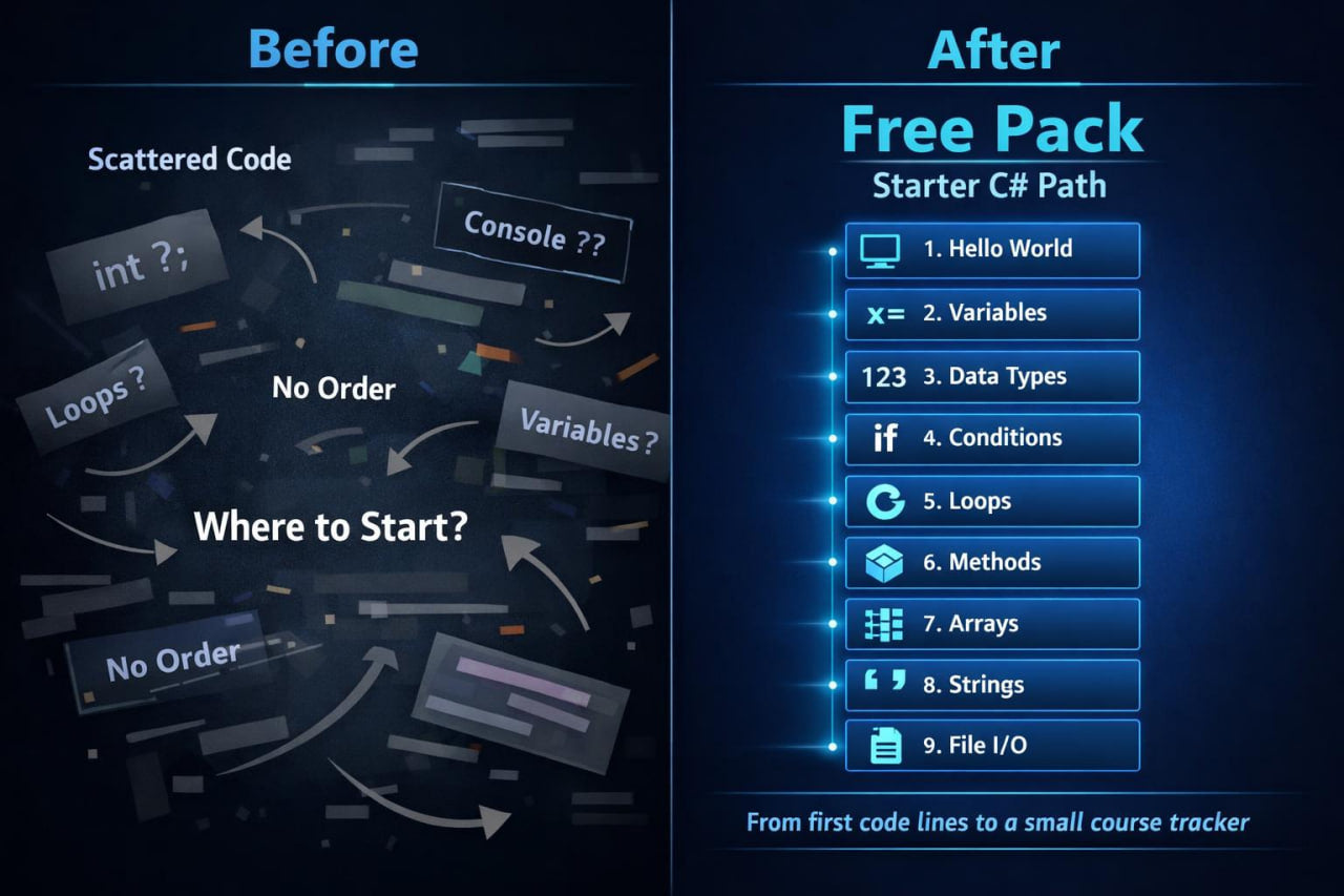 Comparison of scattered code structure to a structured 'Free Pack Starter C# Path' on a dark background.