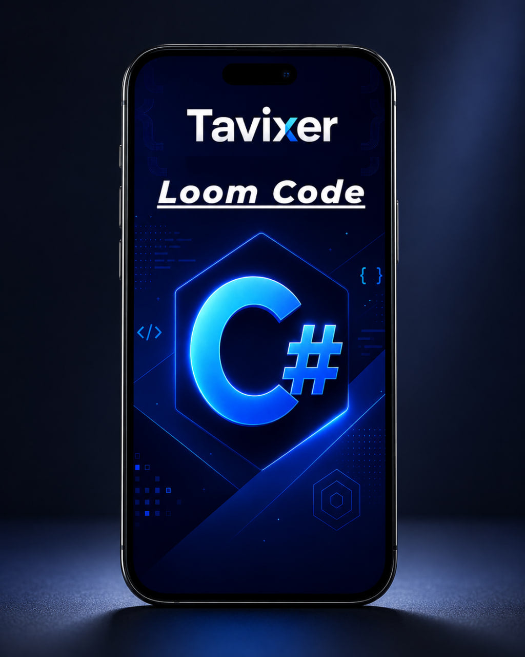 Phone displaying Tavixer Loom Code with C# on a dark background