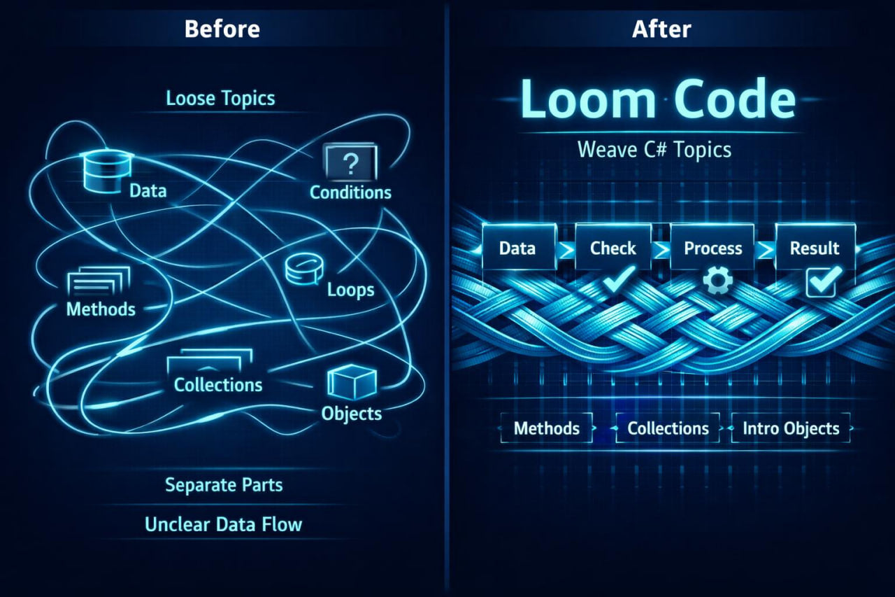 Comparison of 'Before' and 'After' diagrams with 'Loom Code' theme on a dark background.