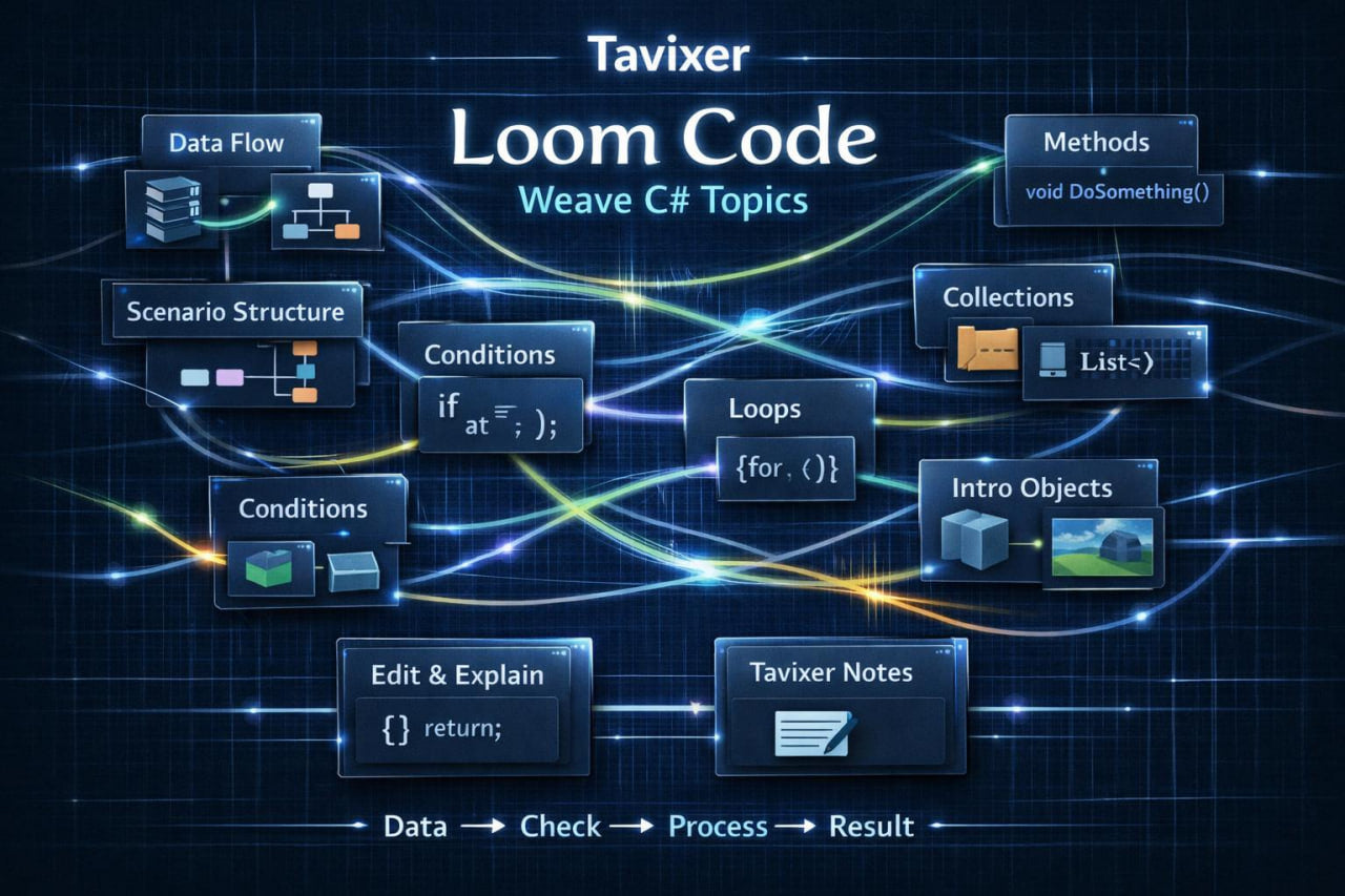 Tavixer Loom Code diagram with various programming concepts on a dark background