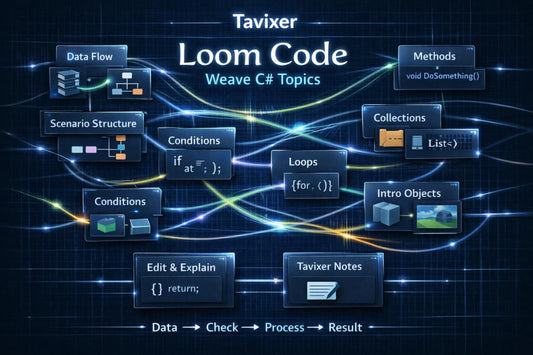 Tavixer Loom Code diagram with various programming concepts on a dark background