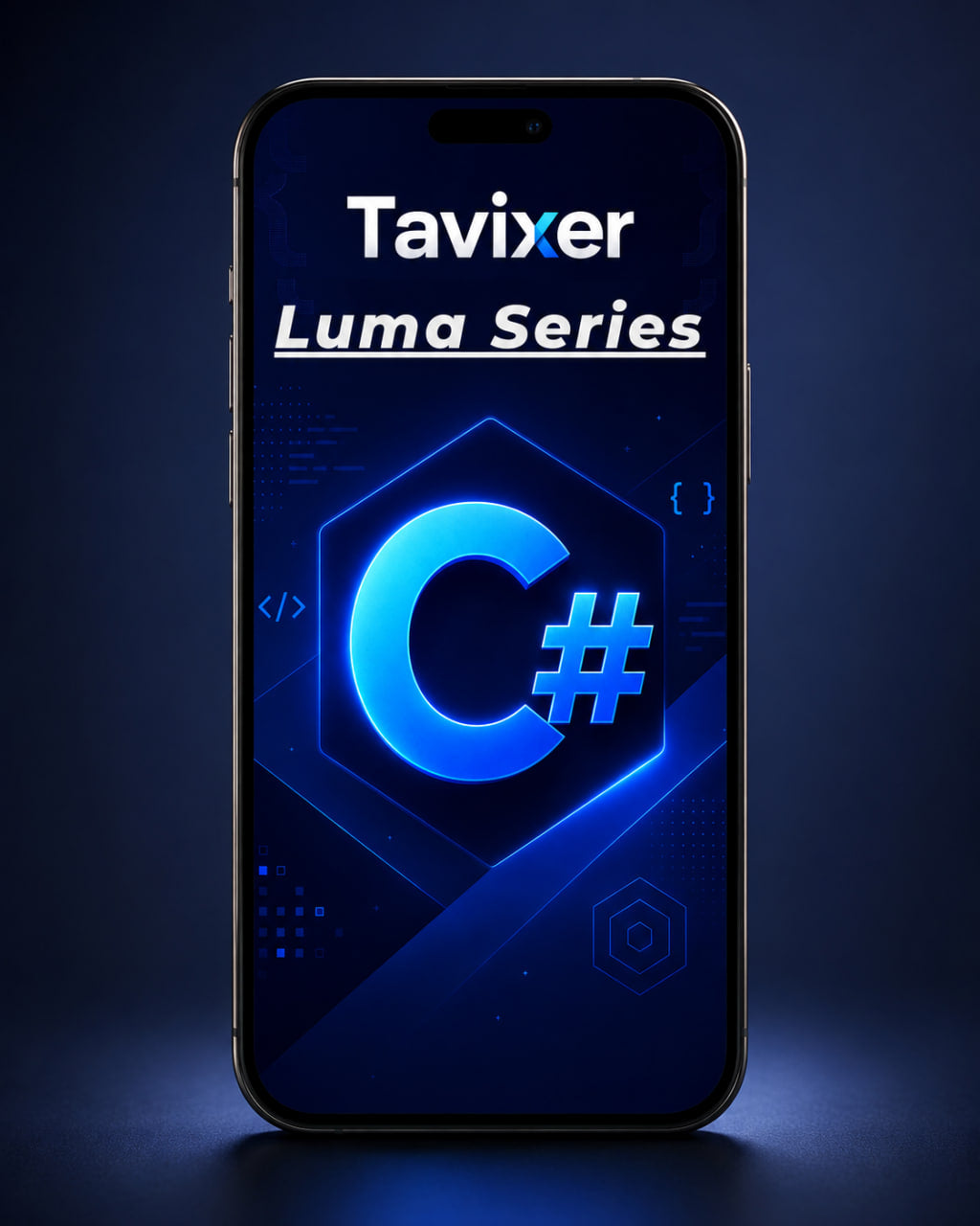 Smartphone displaying Tavixer Luma Series with C# logo on a dark background