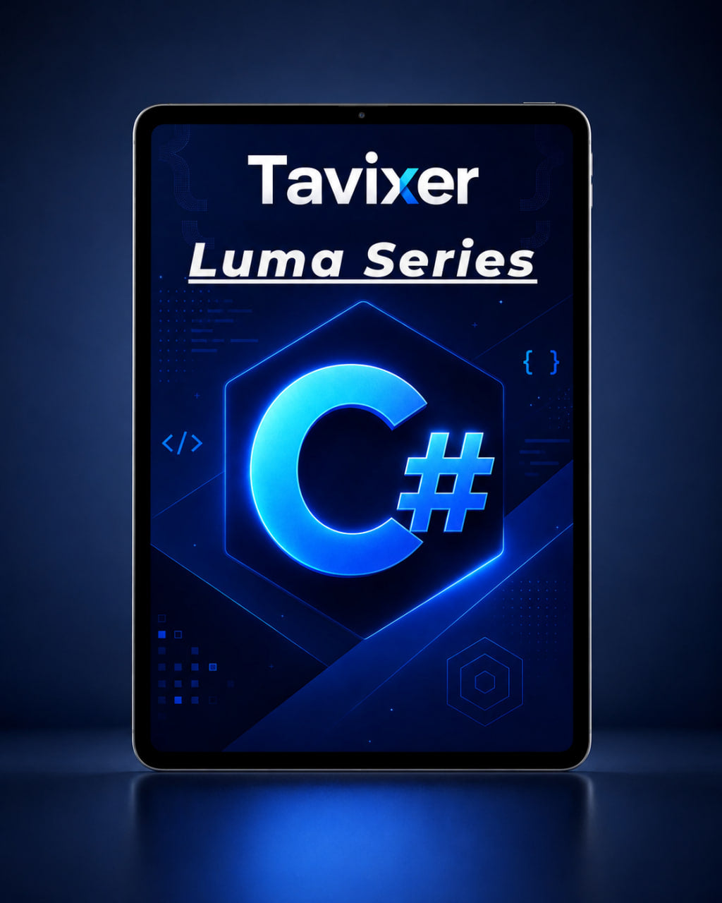 Tablet displaying Tavixer Luma Series with C# logo on a dark blue background