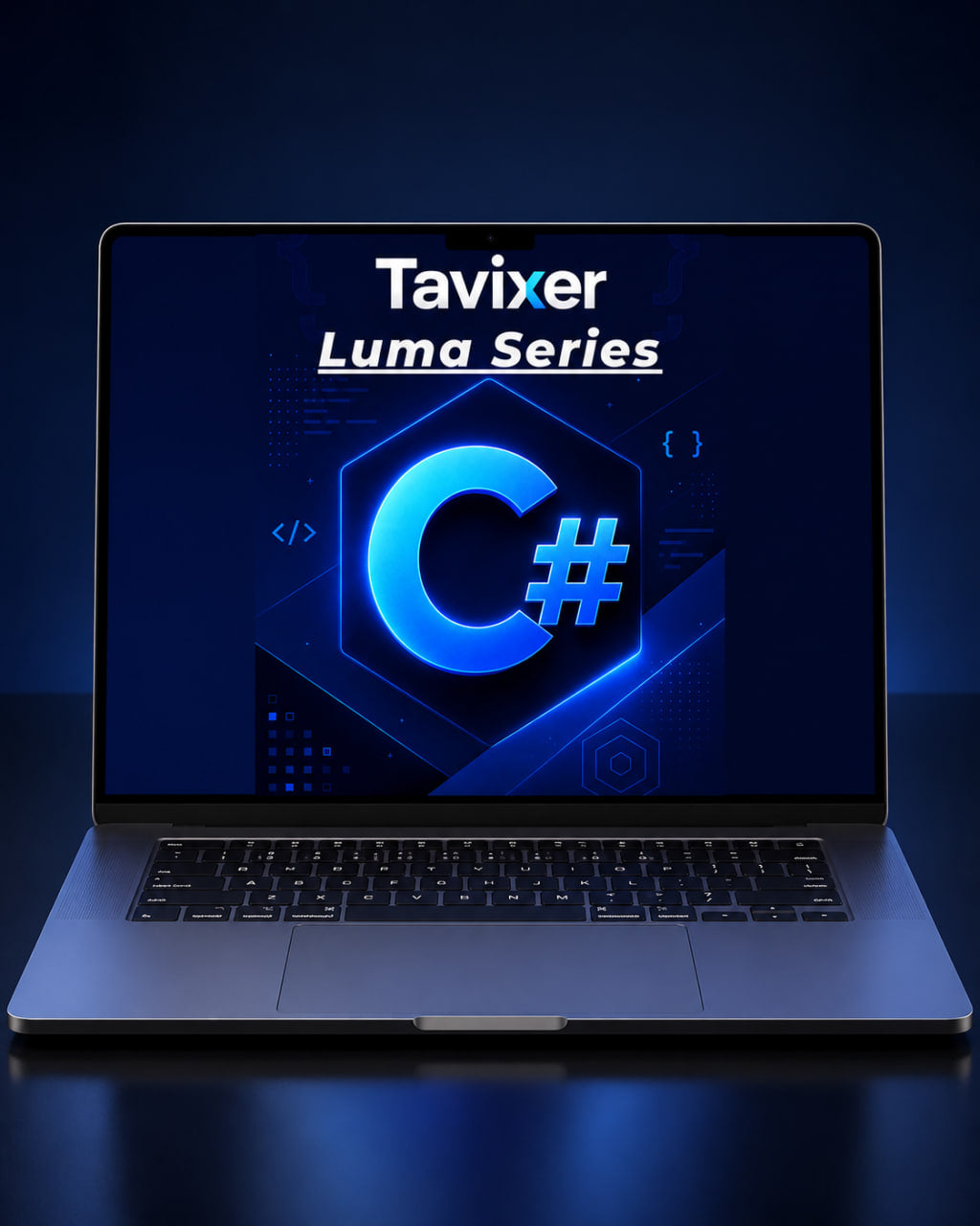 Laptop displaying Tavixer Luma Series with C# logo on a dark background