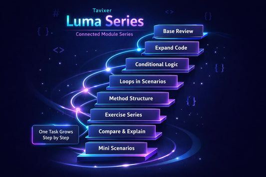 Stylized staircase with programming concepts on a dark background, featuring the Tavixer Luma Series branding.