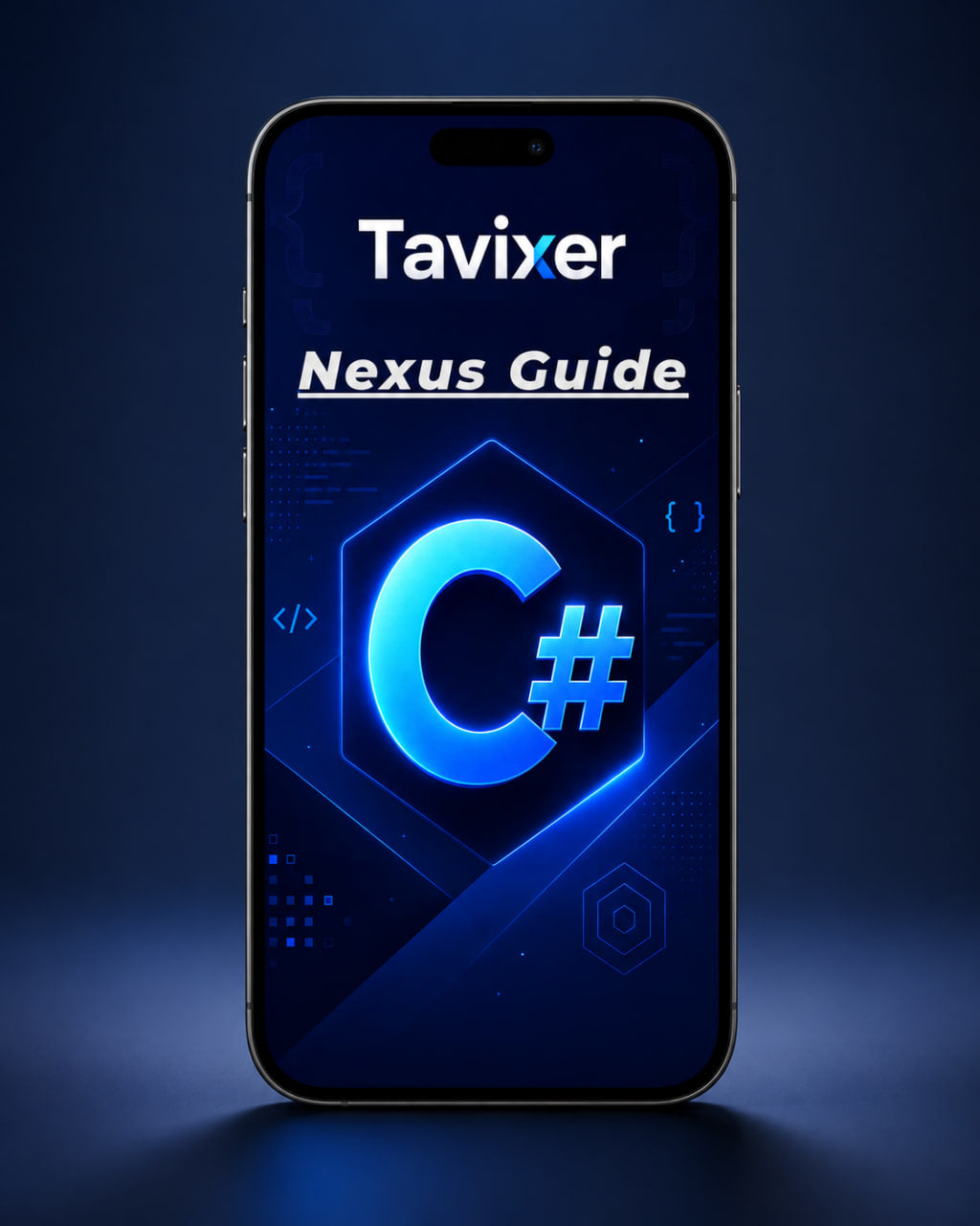 Phone displaying Tavixer Nexus Guide with C# logo on a dark blue background