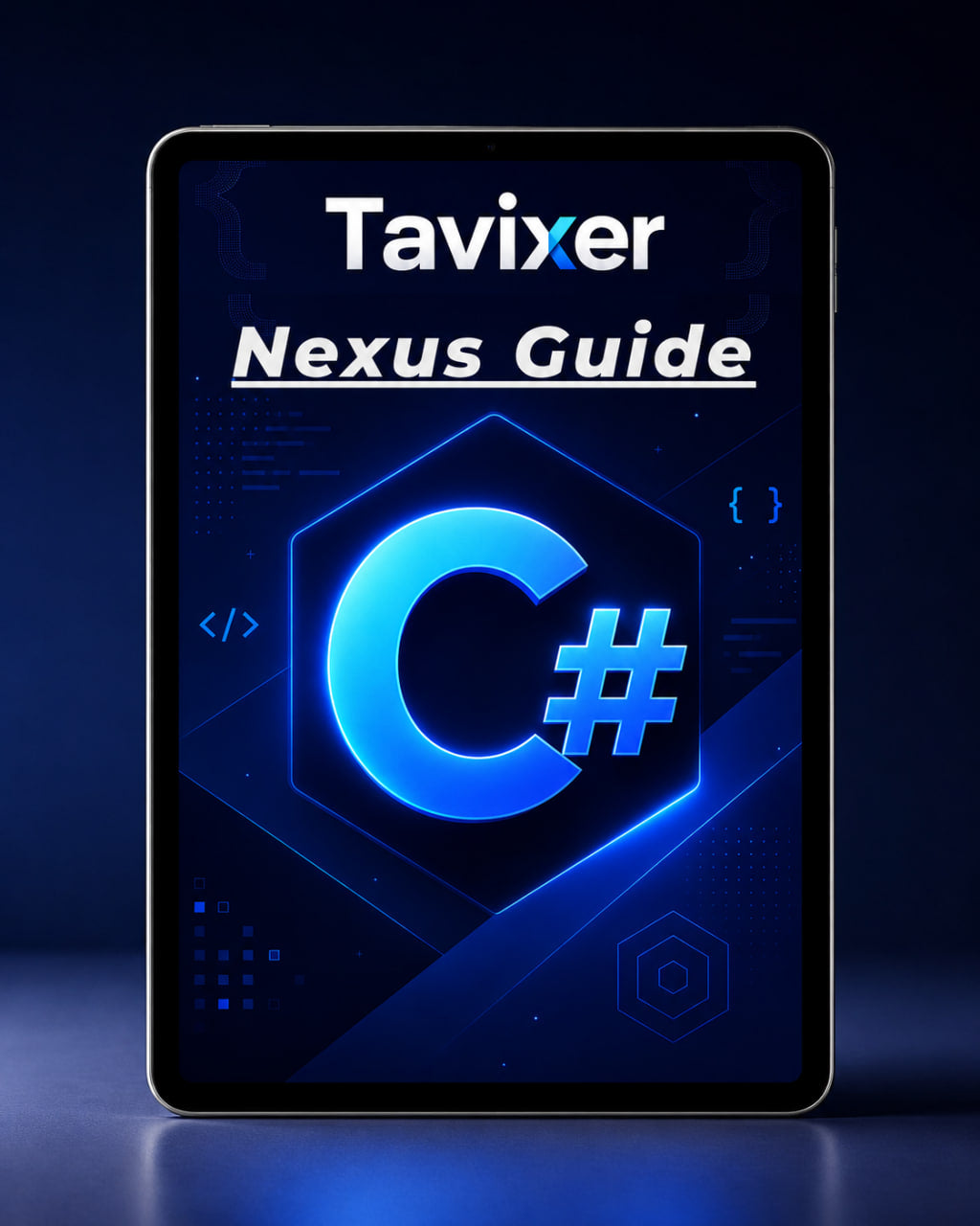 Digital device displaying 'Tavixer Nexus Guide' with C# symbols on a dark background
