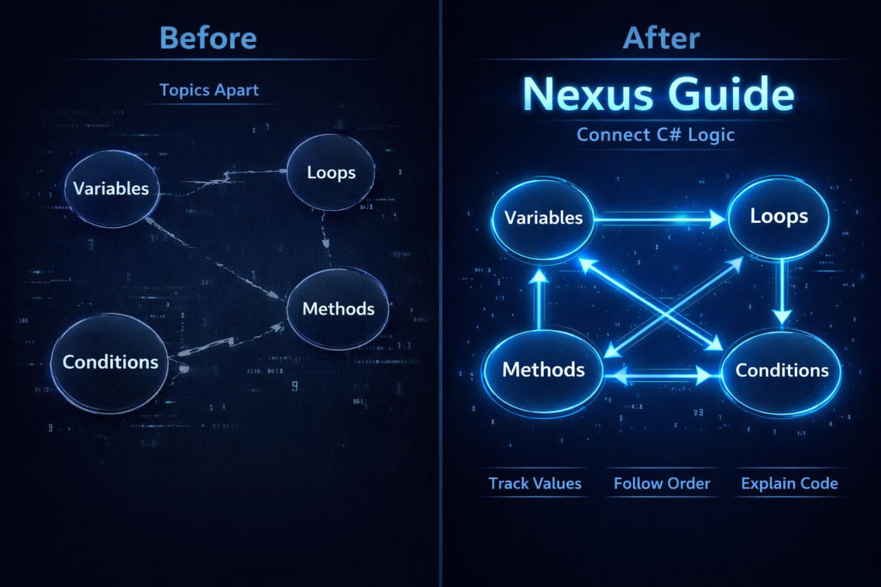 Comparison of C# logic topics before and after using the Nexus Guide, with a dark background and blue highlights.