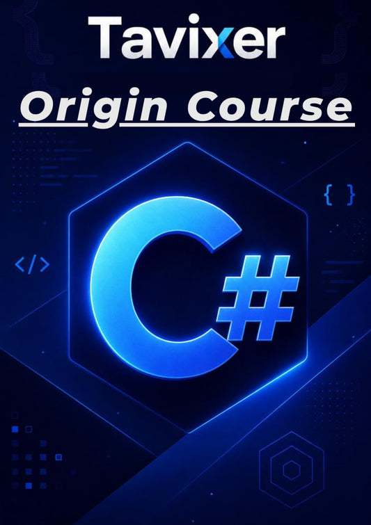 Tavixer C# origin course logo with blue hexagon design on a dark background