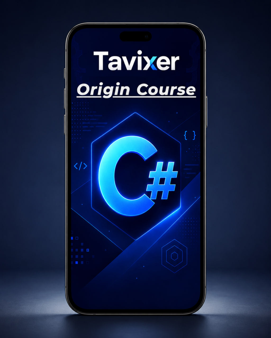 Phone displaying Tavixer Origin Course for C# on a dark background