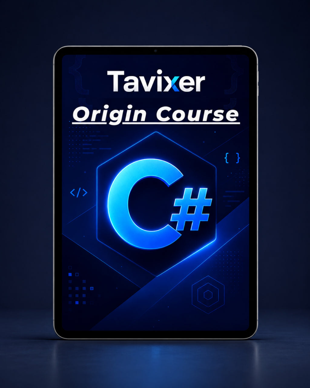 Digital tablet displaying 'Tavixer Origin Course' with 'C#' on a dark background