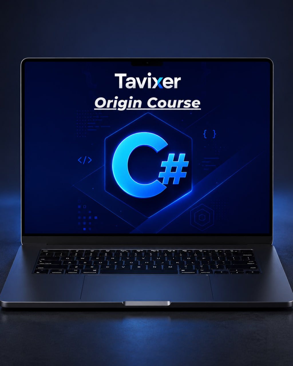 Laptop displaying 'Tavixer Origin Course' with 'C#' logo on a dark background
