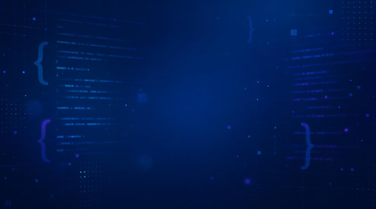 Technical code or script on a dark blue background with glowing elements
