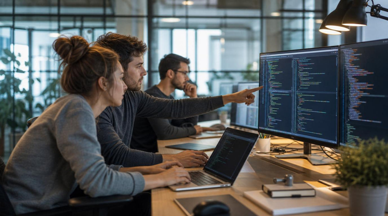 Group of people check monitor and coding 