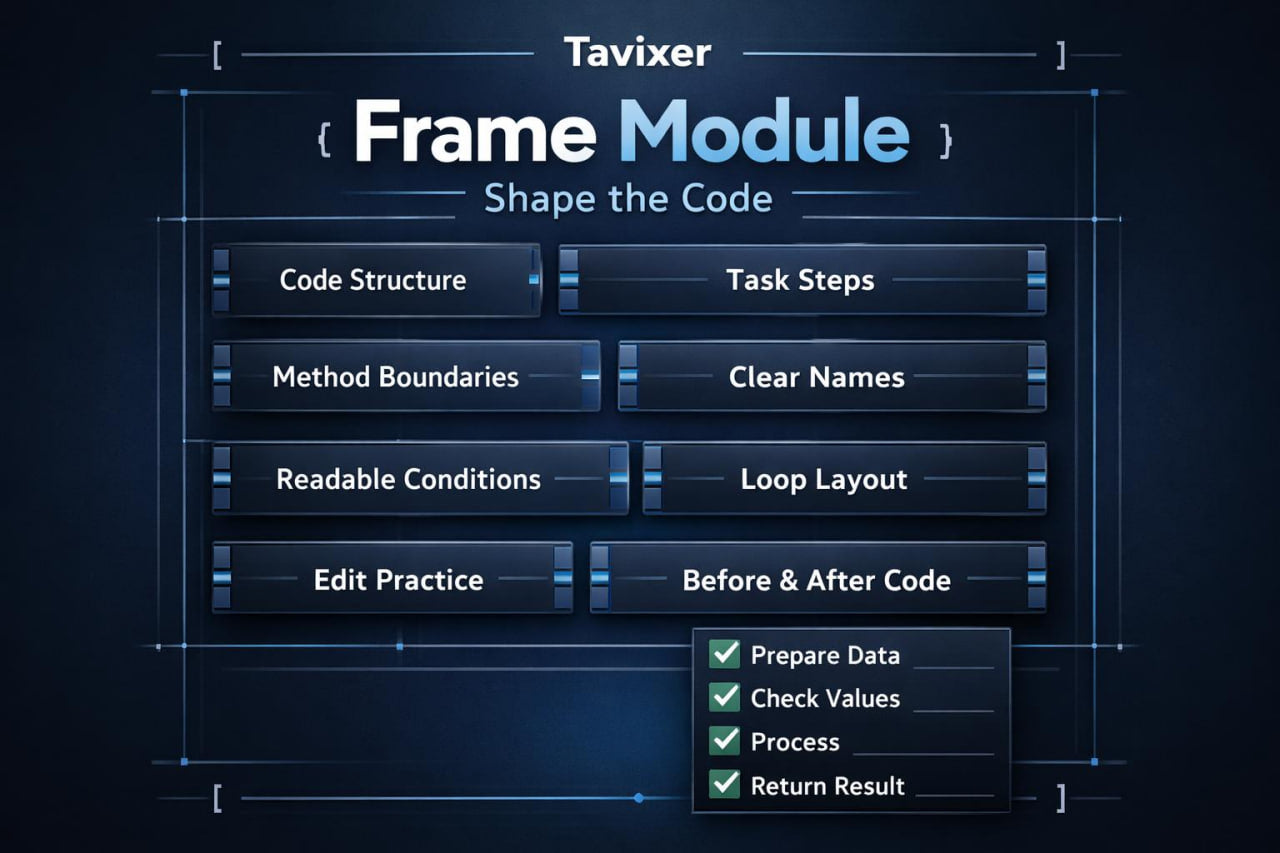 Tavixer Frame Module interface with code structuring features on a dark background
