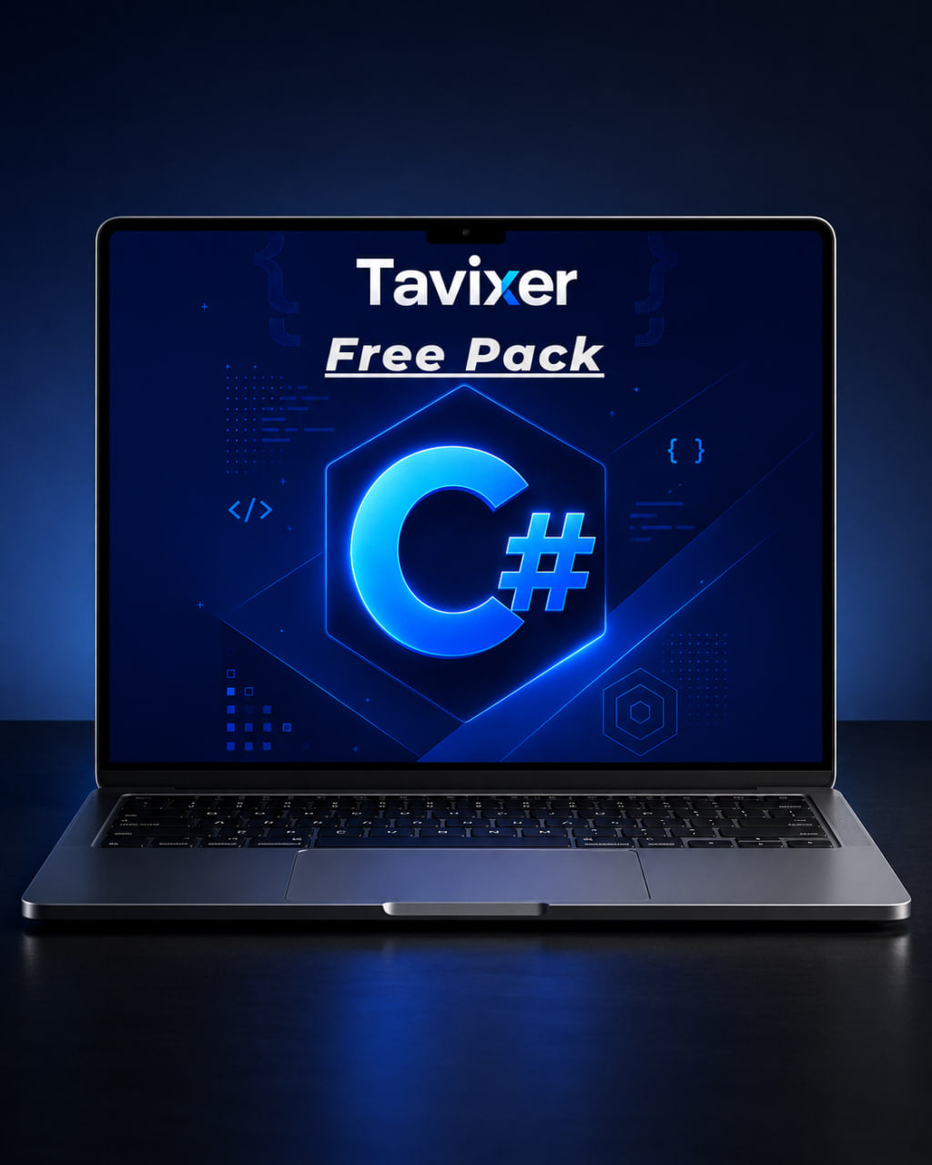 Laptop displaying Tavixer Free Pack with C# logo on a dark background