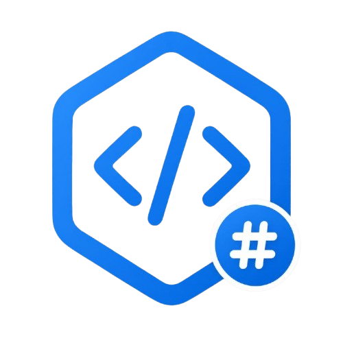 Blue icon with code symbols and a hashtag on a white background