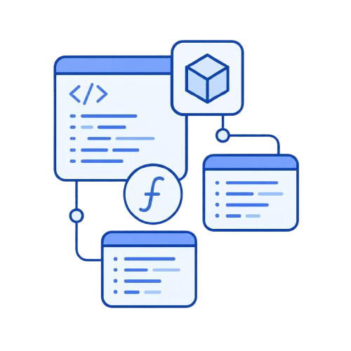 Illustration of software development icons including code, cube, and files on a white background