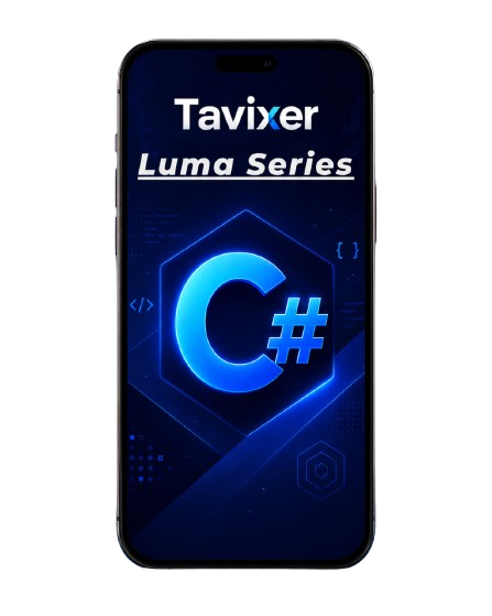 Phone displaying Tavixer Luma Series with C# logo on a dark background