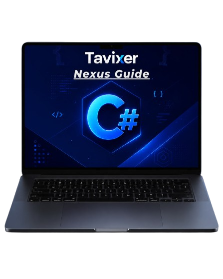 Laptop displaying 'Tavixer Nexus Guide' with a C# logo on a blue background